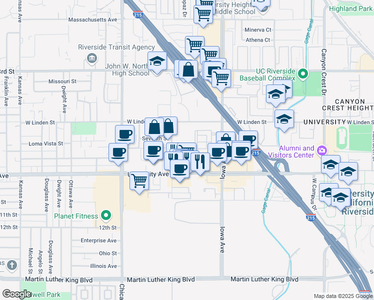 map of restaurants, bars, coffee shops, grocery stores, and more near 1439 7th Street in Riverside