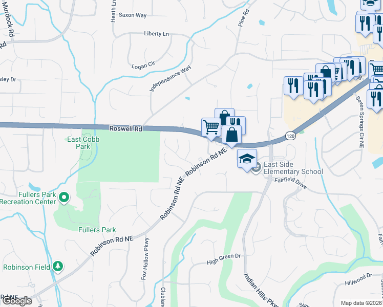 map of restaurants, bars, coffee shops, grocery stores, and more near 1111 Sadlers Close in Marietta