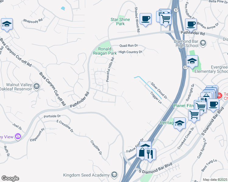 map of restaurants, bars, coffee shops, grocery stores, and more near 20834 Boulder Lane in Diamond Bar