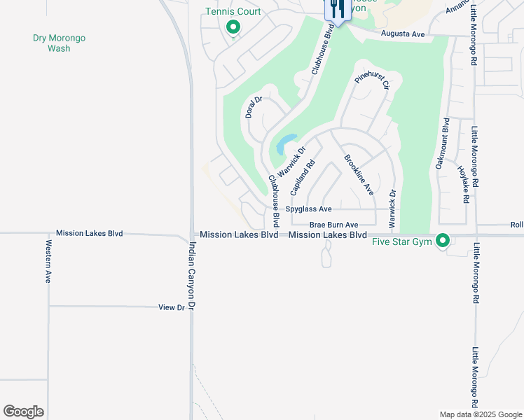 map of restaurants, bars, coffee shops, grocery stores, and more near 9651 Spyglass Avenue in Desert Hot Springs