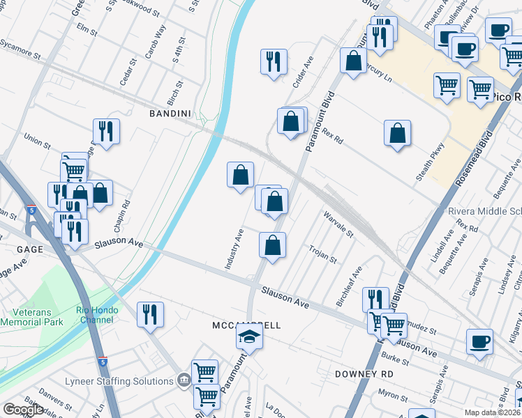 map of restaurants, bars, coffee shops, grocery stores, and more near 7744 Industry Avenue in Pico Rivera