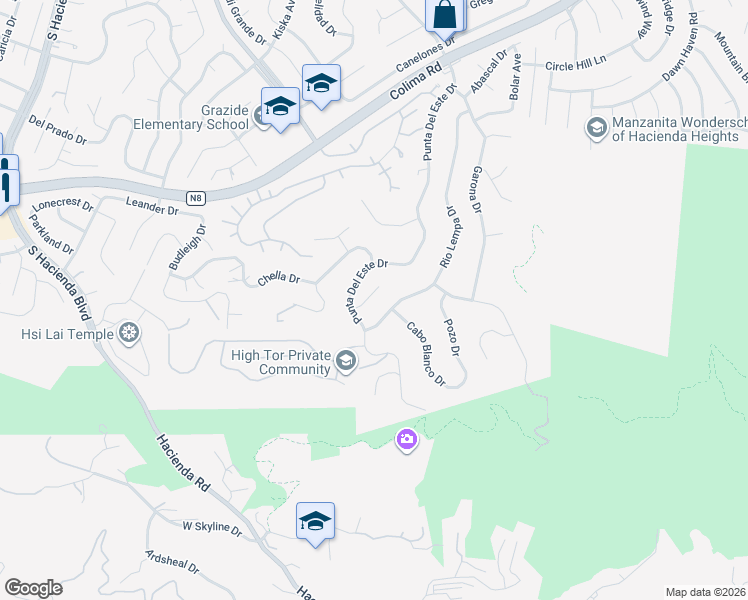 map of restaurants, bars, coffee shops, grocery stores, and more near 16430 Canarias Drive in Hacienda Heights