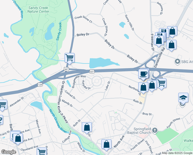 map of restaurants, bars, coffee shops, grocery stores, and more near 130 Bridgewater Circle in Athens
