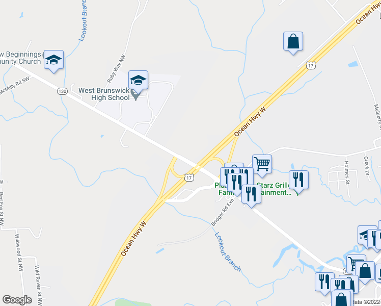 map of restaurants, bars, coffee shops, grocery stores, and more near 408 Whiteville Road Northwest in Shallotte