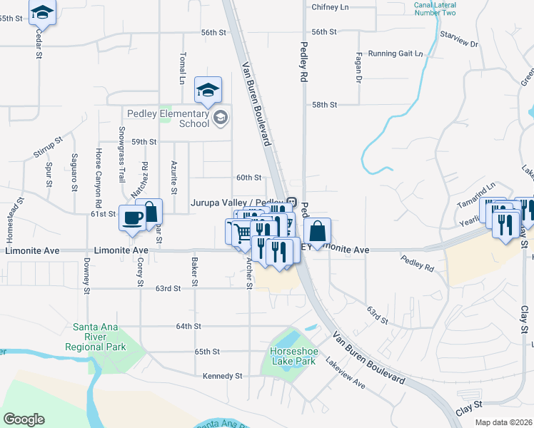 map of restaurants, bars, coffee shops, grocery stores, and more near Collins Street in Riverside
