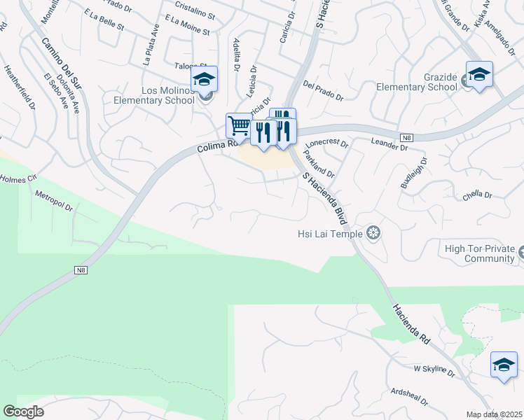 map of restaurants, bars, coffee shops, grocery stores, and more near 15705 Gun Tree Drive in Hacienda Heights