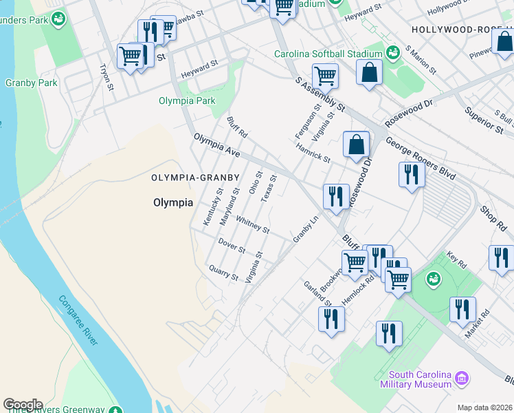 map of restaurants, bars, coffee shops, grocery stores, and more near 915 Texas Street in Columbia