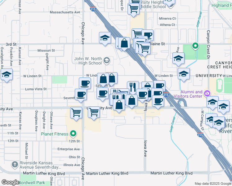 map of restaurants, bars, coffee shops, grocery stores, and more near 1495 Seventh Street in Riverside