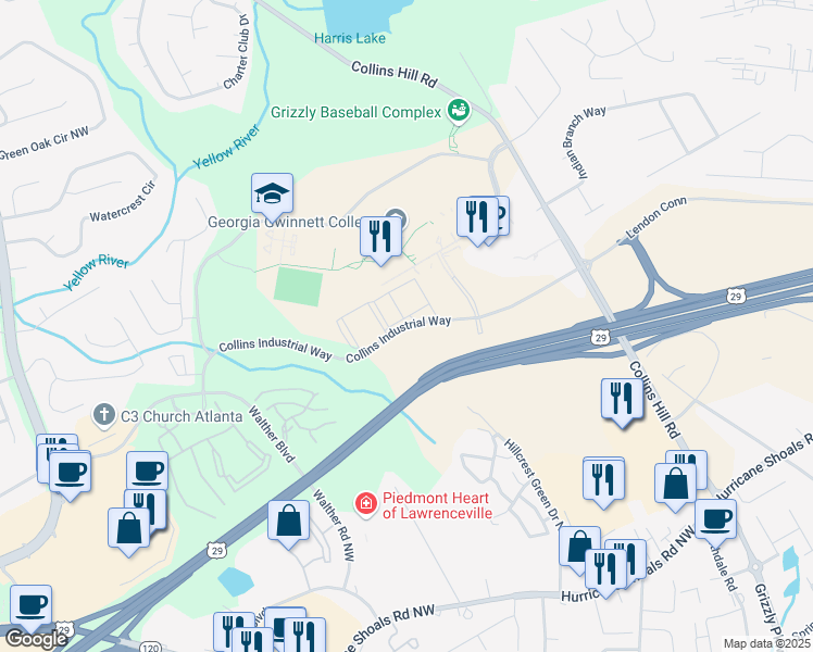 map of restaurants, bars, coffee shops, grocery stores, and more near Collins Industrial Way in Lawrenceville