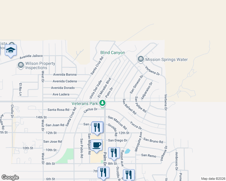 map of restaurants, bars, coffee shops, grocery stores, and more near 9774 Palm Drive in Desert Hot Springs