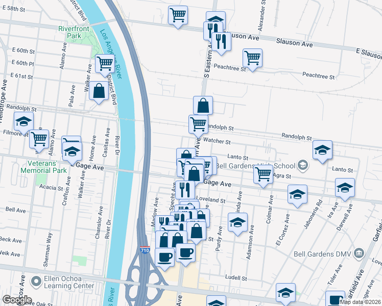 map of restaurants, bars, coffee shops, grocery stores, and more near 6219 Eastern Avenue in Bell Gardens