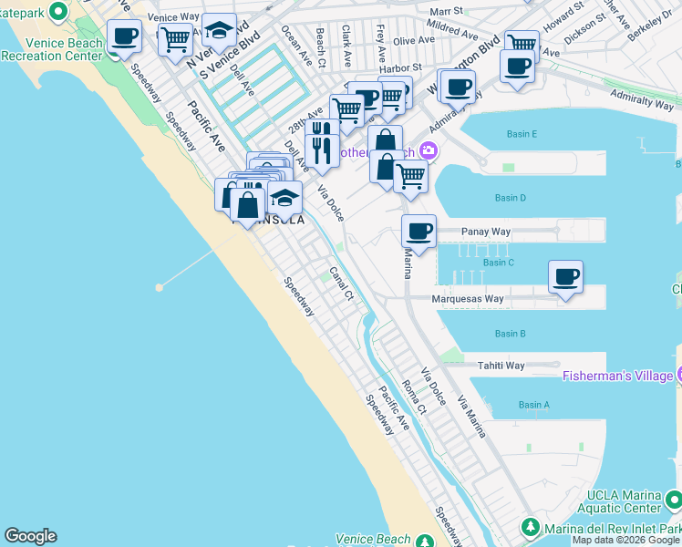 map of restaurants, bars, coffee shops, grocery stores, and more near 3501 Esplanade in Marina del Rey