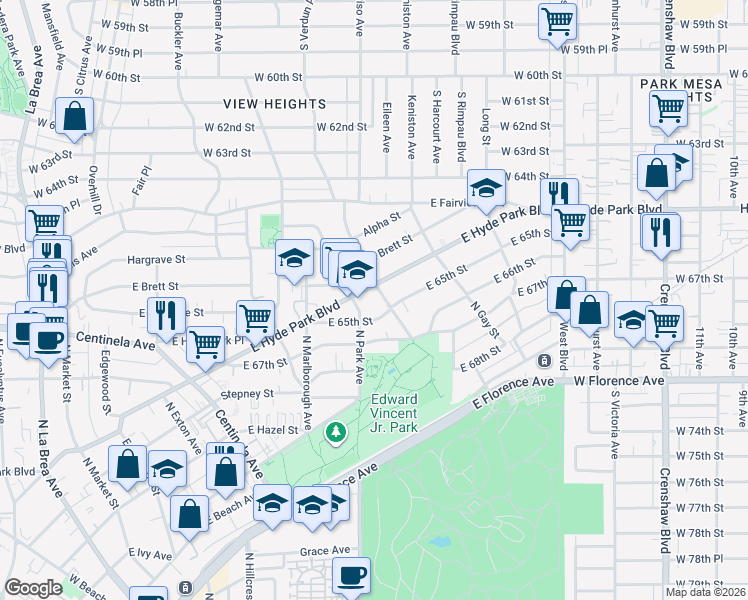 map of restaurants, bars, coffee shops, grocery stores, and more near 811 East Hyde Park Boulevard in Inglewood