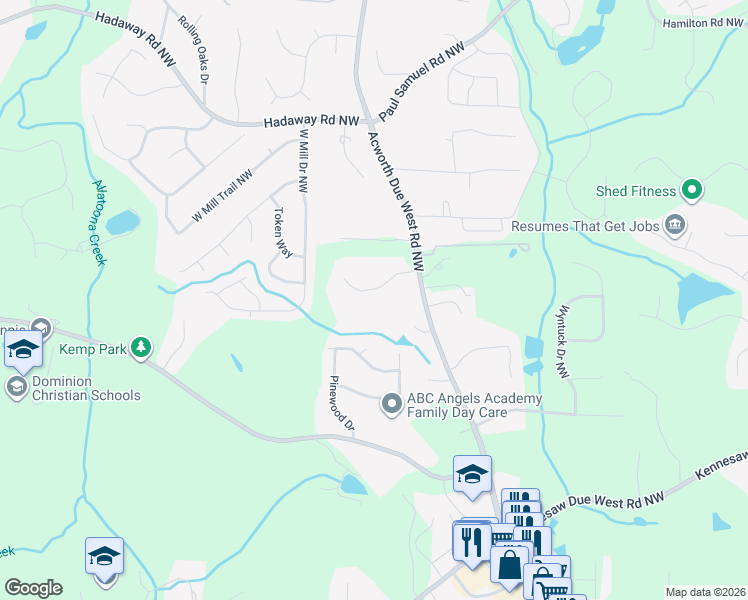 map of restaurants, bars, coffee shops, grocery stores, and more near 4109 Brigade Trail Northwest in Kennesaw