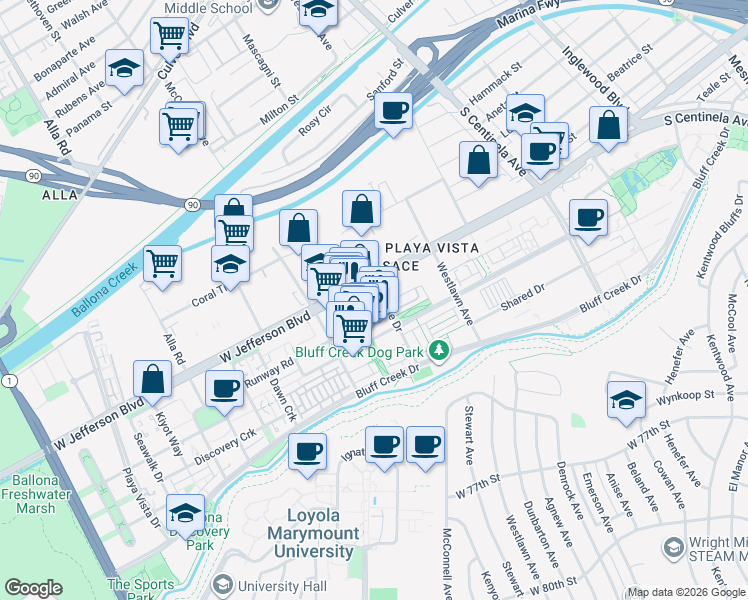 map of restaurants, bars, coffee shops, grocery stores, and more near 12746 West Jefferson Boulevard in Los Angeles