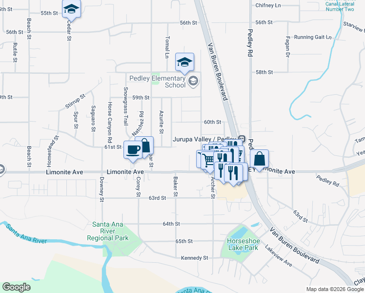 map of restaurants, bars, coffee shops, grocery stores, and more near 6060 Scheelite Street in Riverside
