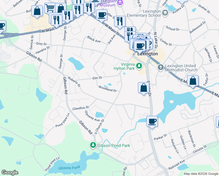 map of restaurants, bars, coffee shops, grocery stores, and more near 118 Woodland Drive in Lexington