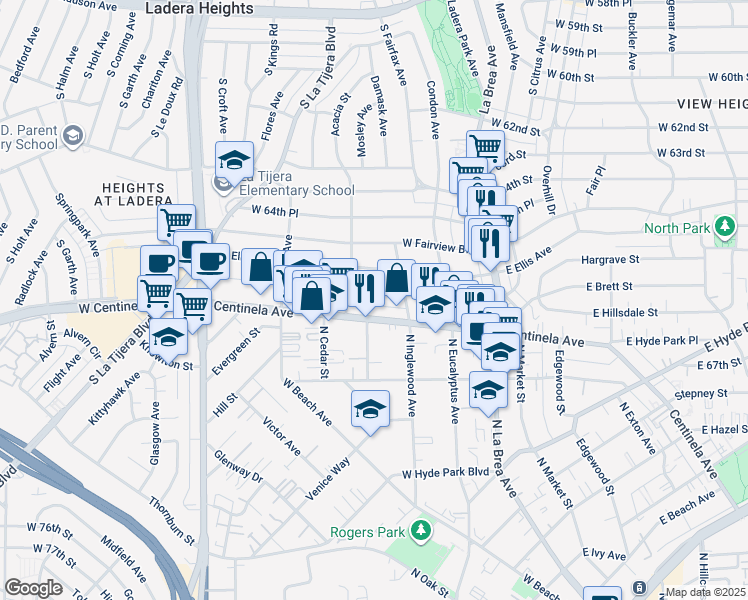 map of restaurants, bars, coffee shops, grocery stores, and more near 328 West Hillsdale Street in Inglewood