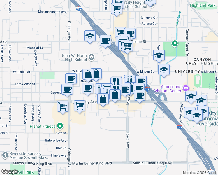 map of restaurants, bars, coffee shops, grocery stores, and more near 1421 7th Street in Riverside
