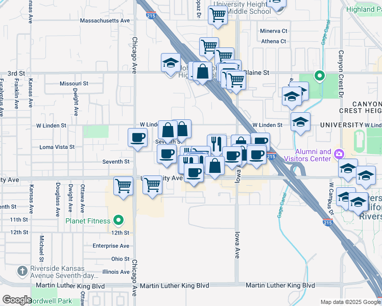 map of restaurants, bars, coffee shops, grocery stores, and more near 1483 Seventh Street in Riverside