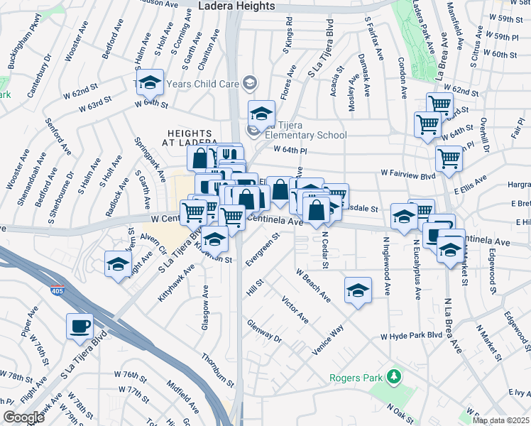 map of restaurants, bars, coffee shops, grocery stores, and more near 528 West Hillsdale Street in Inglewood