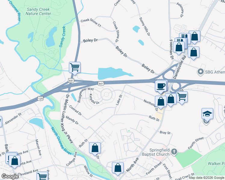 map of restaurants, bars, coffee shops, grocery stores, and more near 100 Bridgewater Circle in Athens