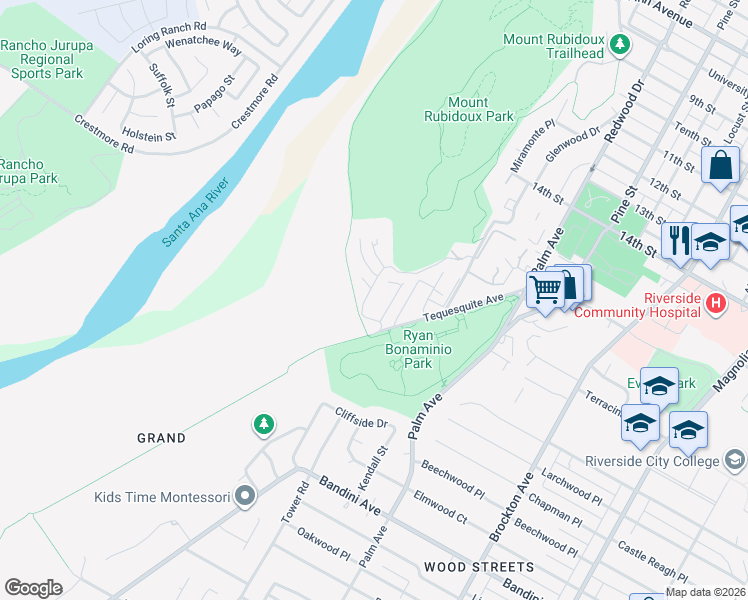 map of restaurants, bars, coffee shops, grocery stores, and more near 4822 Glenwood Drive in Riverside