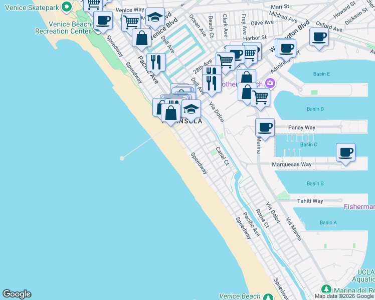 map of restaurants, bars, coffee shops, grocery stores, and more near 10 Speedway in Marina del Rey
