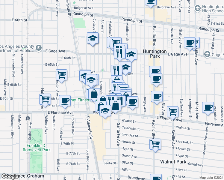 map of restaurants, bars, coffee shops, grocery stores, and more near 6816 Marbrisa Avenue in Huntington Park