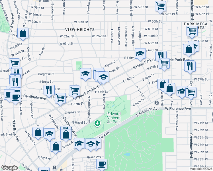 map of restaurants, bars, coffee shops, grocery stores, and more near 811 East Hyde Park Boulevard in Inglewood