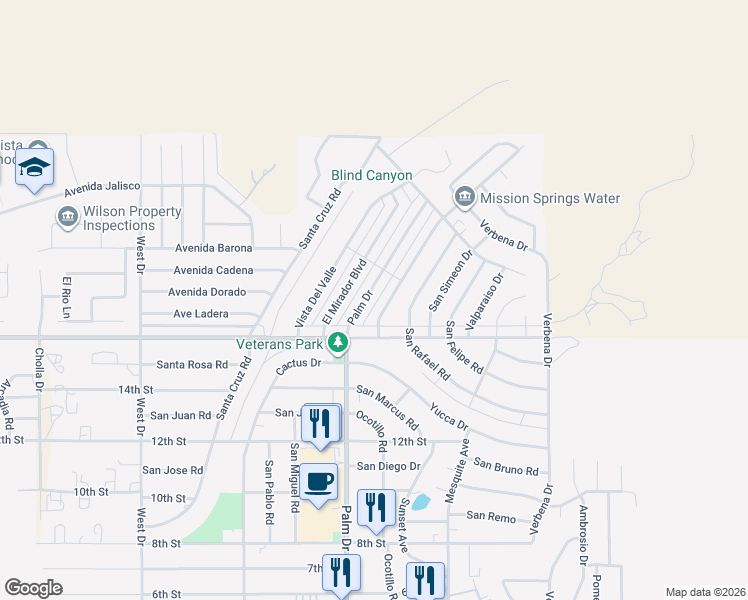 map of restaurants, bars, coffee shops, grocery stores, and more near 9699 Palm Drive in Desert Hot Springs
