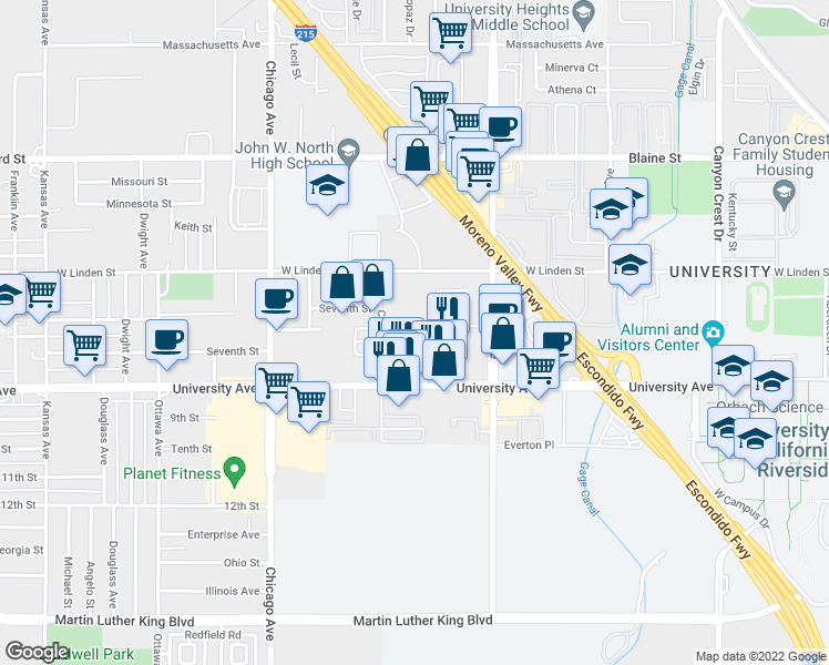 map of restaurants, bars, coffee shops, grocery stores, and more near 1483 Seventh Street in Riverside