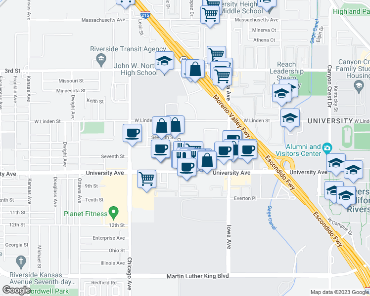 map of restaurants, bars, coffee shops, grocery stores, and more near 1483 Seventh Street in Riverside