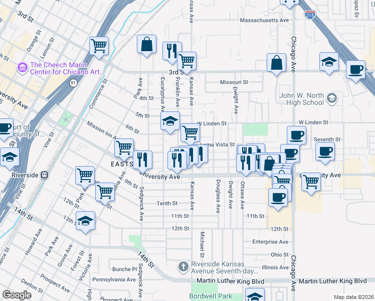 map of restaurants, bars, coffee shops, grocery stores, and more near 2095 Loma Vista Street in Riverside