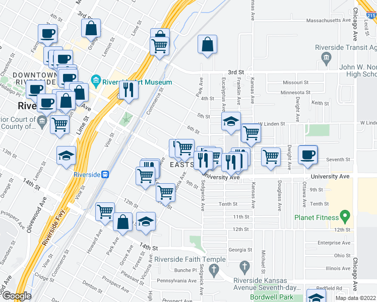 map of restaurants, bars, coffee shops, grocery stores, and more near 2733 Mission Inn Avenue in Riverside