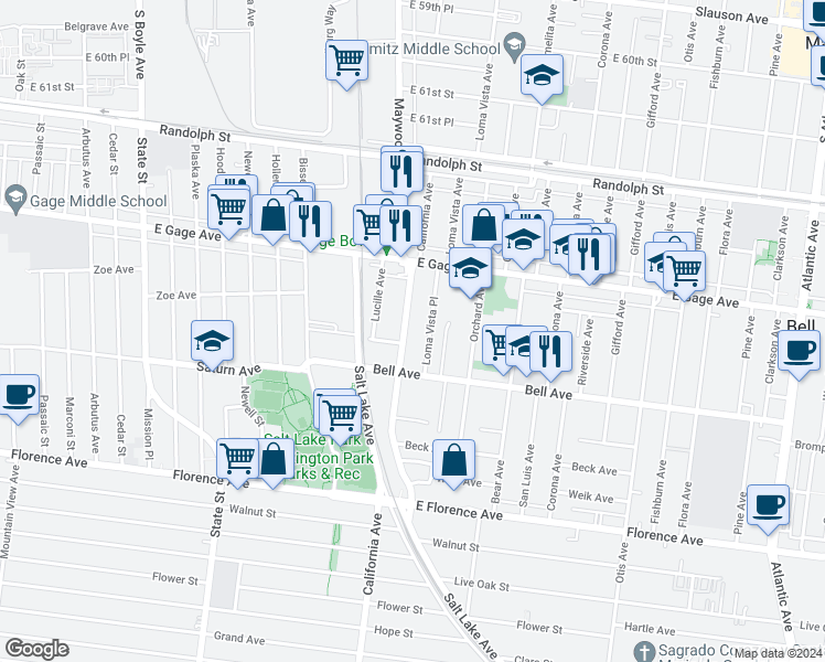 map of restaurants, bars, coffee shops, grocery stores, and more near 6525 Loma Vista Place in Bell