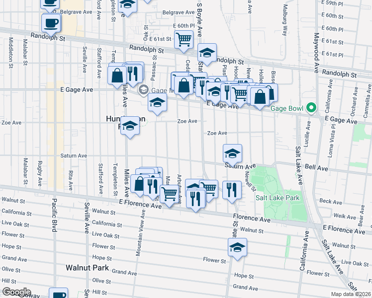 map of restaurants, bars, coffee shops, grocery stores, and more near 6716 Cedar Street in Huntington Park