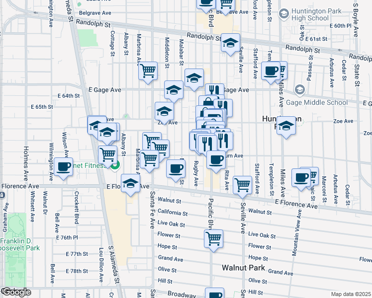 map of restaurants, bars, coffee shops, grocery stores, and more near in Huntington Park