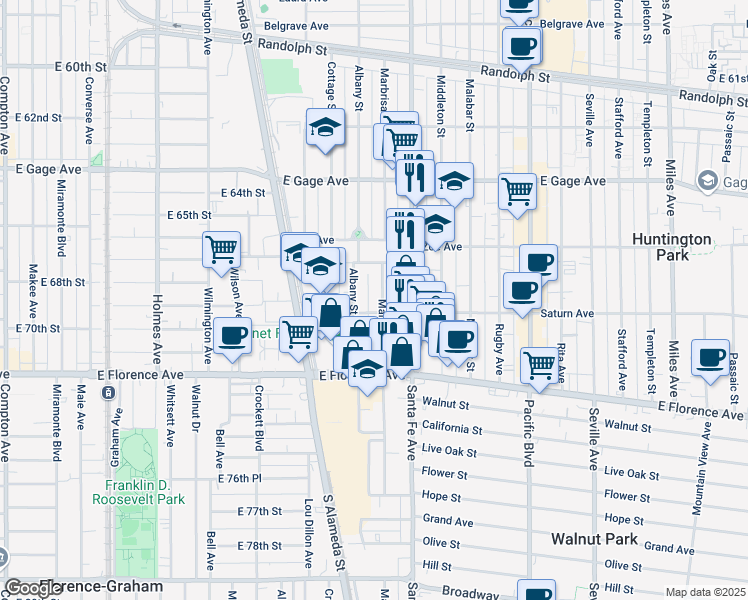map of restaurants, bars, coffee shops, grocery stores, and more near 6722 Marbrisa Avenue in Huntington Park