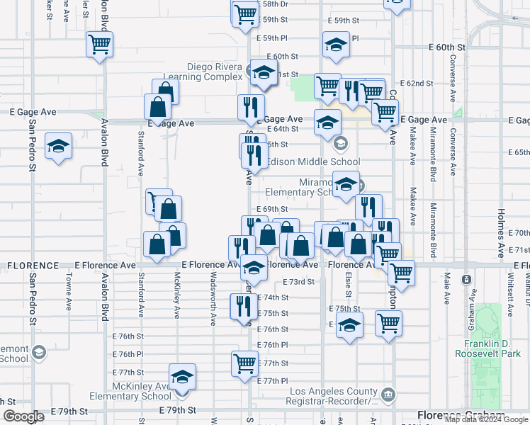map of restaurants, bars, coffee shops, grocery stores, and more near 6900 South Central Avenue in Los Angeles
