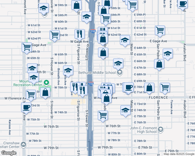 map of restaurants, bars, coffee shops, grocery stores, and more near 332 West 68th Street in Los Angeles
