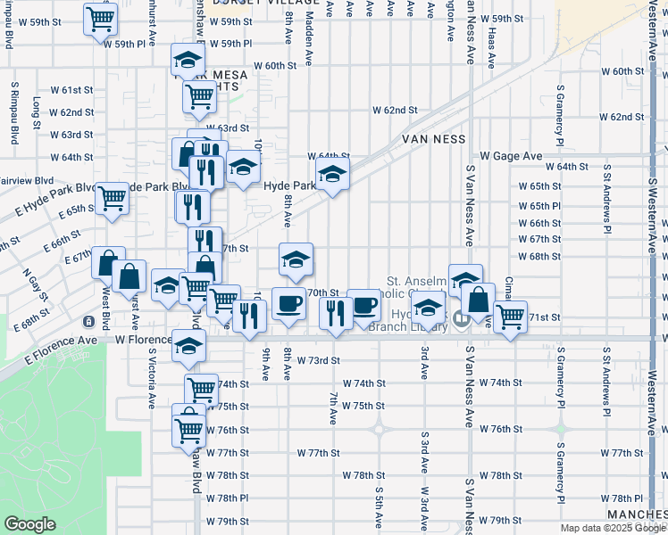 map of restaurants, bars, coffee shops, grocery stores, and more near 6702 7th Avenue in Los Angeles