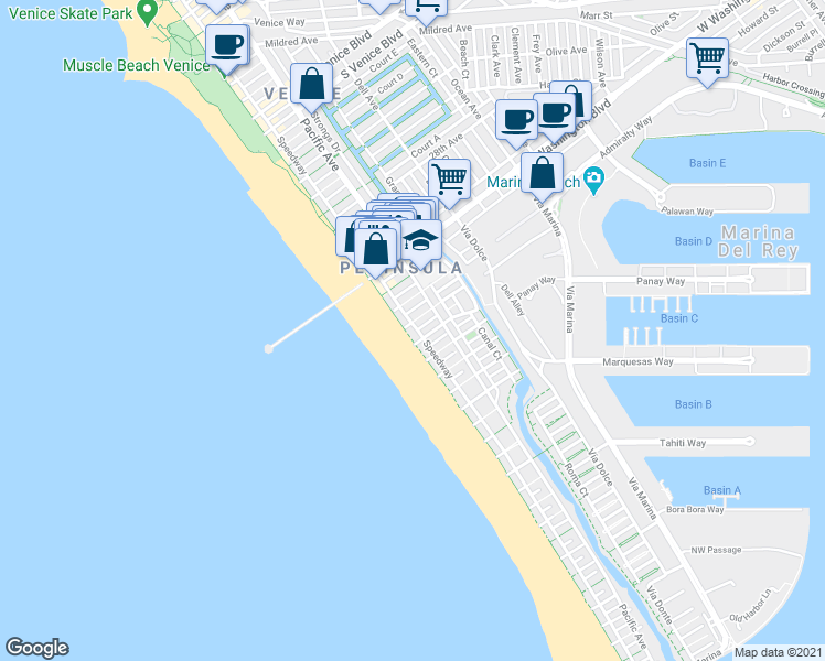 map of restaurants, bars, coffee shops, grocery stores, and more near 10 Speedway in Marina del Rey