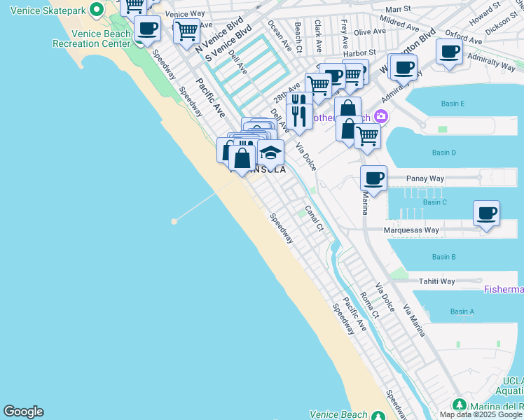 map of restaurants, bars, coffee shops, grocery stores, and more near 10 Speedway in Marina del Rey