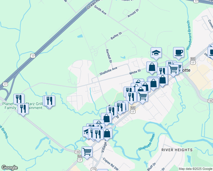 map of restaurants, bars, coffee shops, grocery stores, and more near White Street in Shallotte