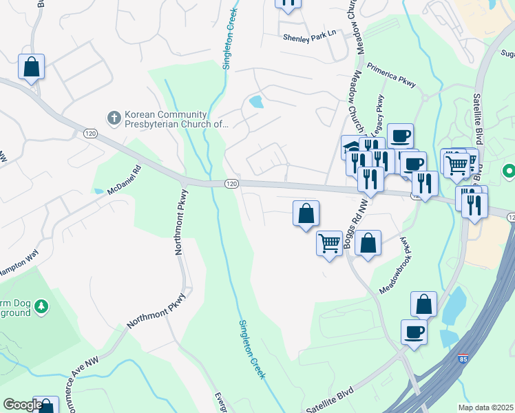 map of restaurants, bars, coffee shops, grocery stores, and more near 2216 Worrall Hill Drive in Duluth