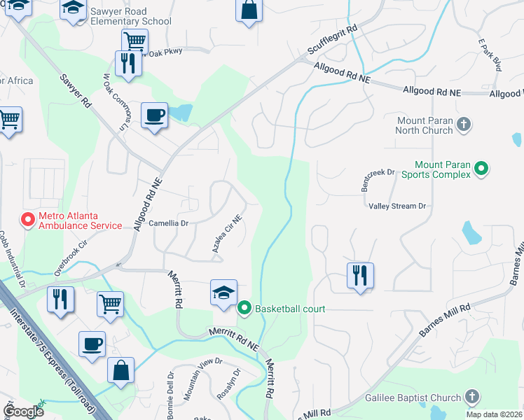 map of restaurants, bars, coffee shops, grocery stores, and more near 1122 Azalea Circle Northeast in Marietta