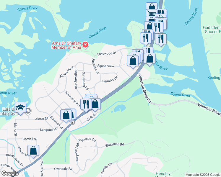 map of restaurants, bars, coffee shops, grocery stores, and more near 113 Fairoaks Circle in Gadsden
