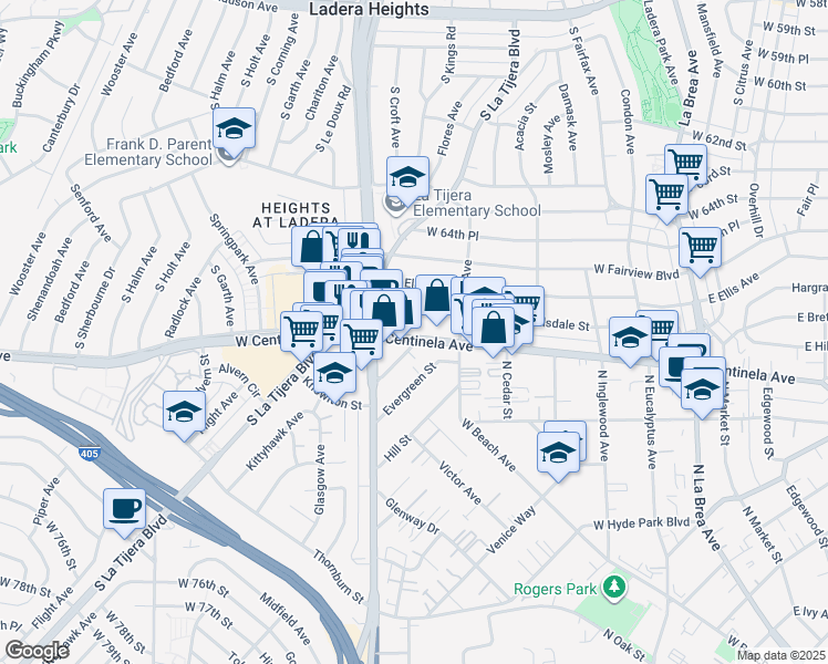 map of restaurants, bars, coffee shops, grocery stores, and more near 1692 Centinela Avenue in Inglewood