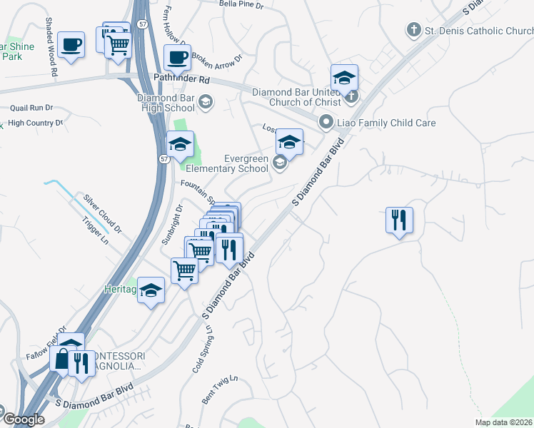 map of restaurants, bars, coffee shops, grocery stores, and more near 2617 Crooked Creek Drive in Diamond Bar